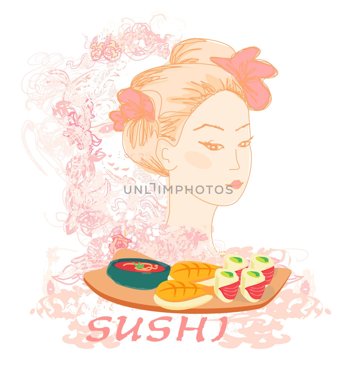 beautiful Asian girl and sushi - poster by JackyBrown