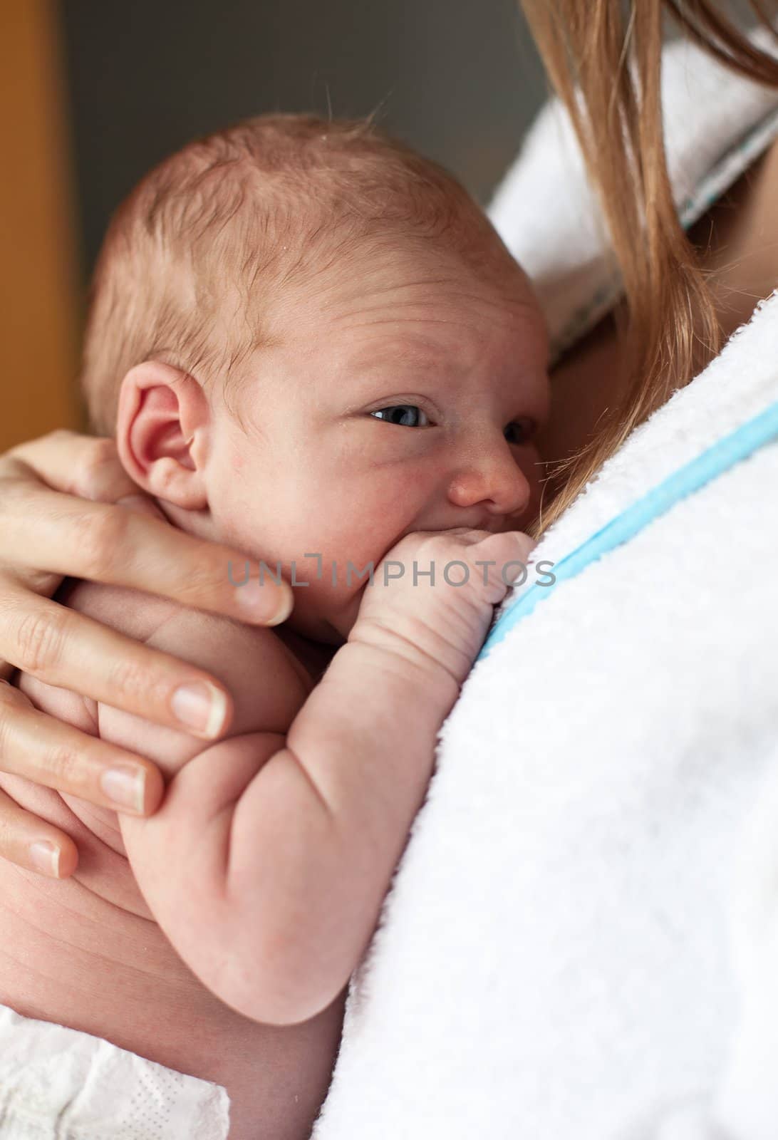 Closeup of newborn baby boy in mother's arms
