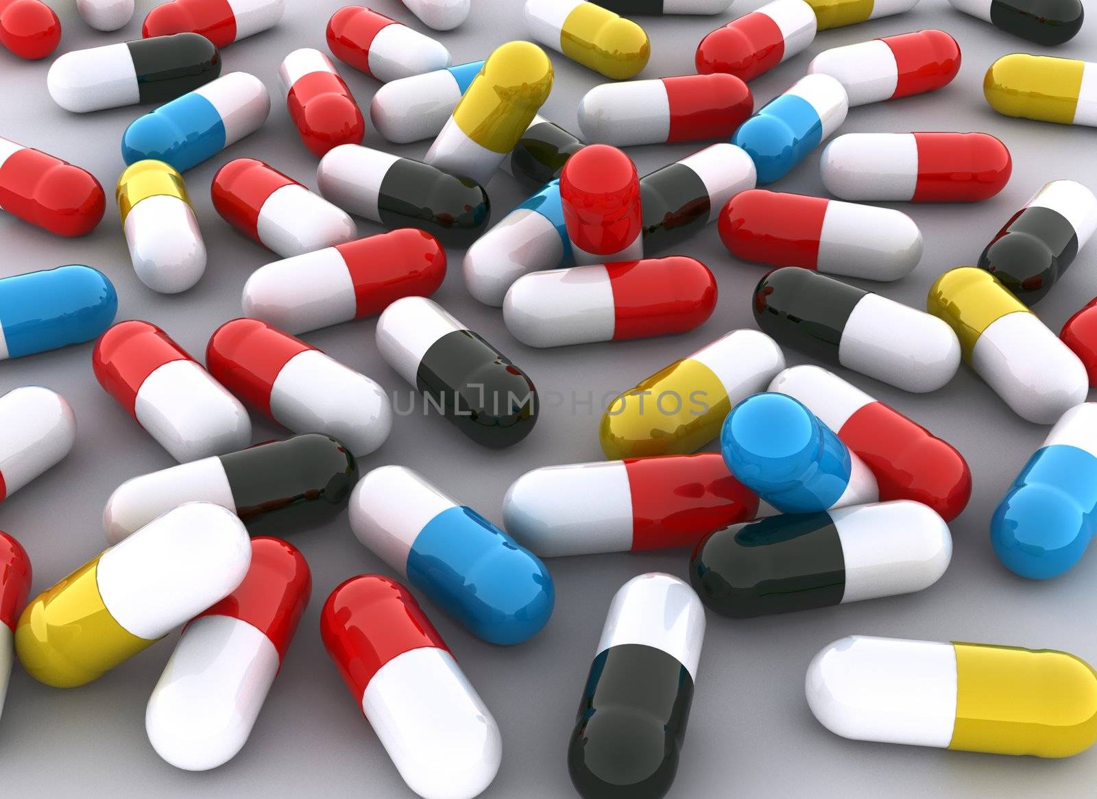 Concept of many colorful pills in red, blue, yellow, black, colors. Scene rendered on white background.