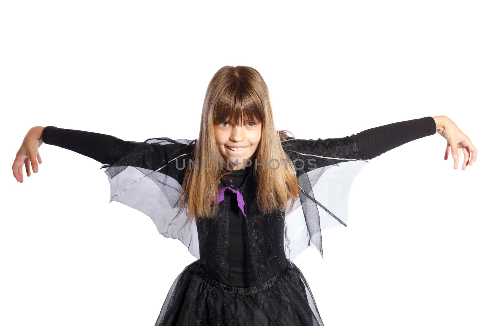 young girl shows the bat on a white background