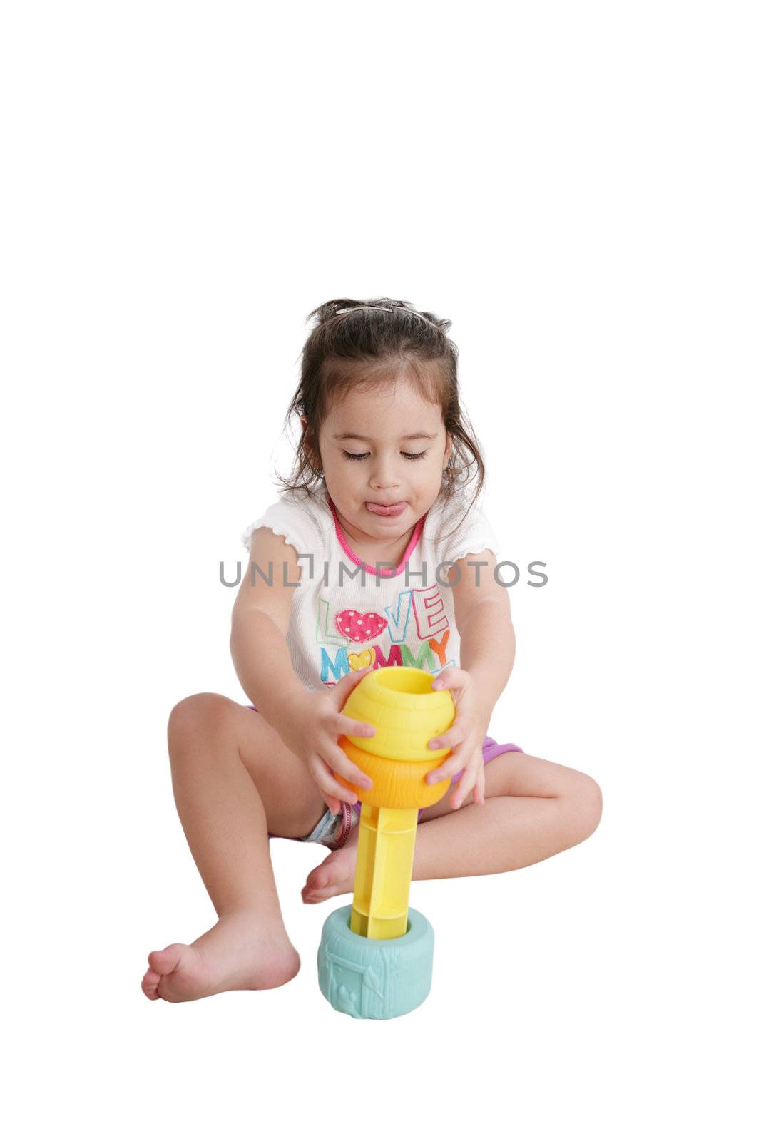 Funny little kid playing with toys, isolated over white by dacasdo