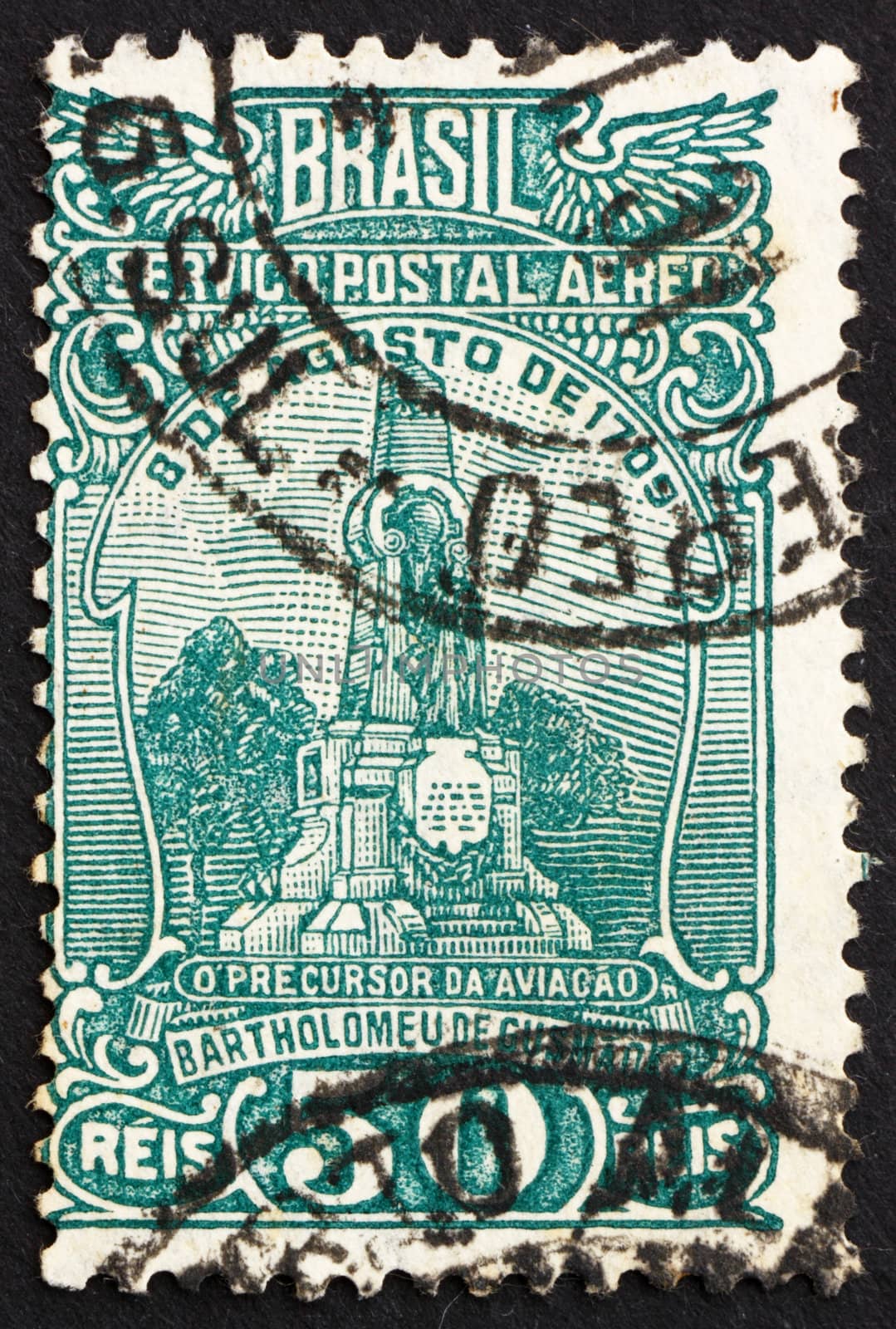 BRAZIL - CIRCA 1929: a stamp printed in the Brazil shows Monument to Bartolomeo de Gusmao, Priest and Naturalist, Santos, circa 1929