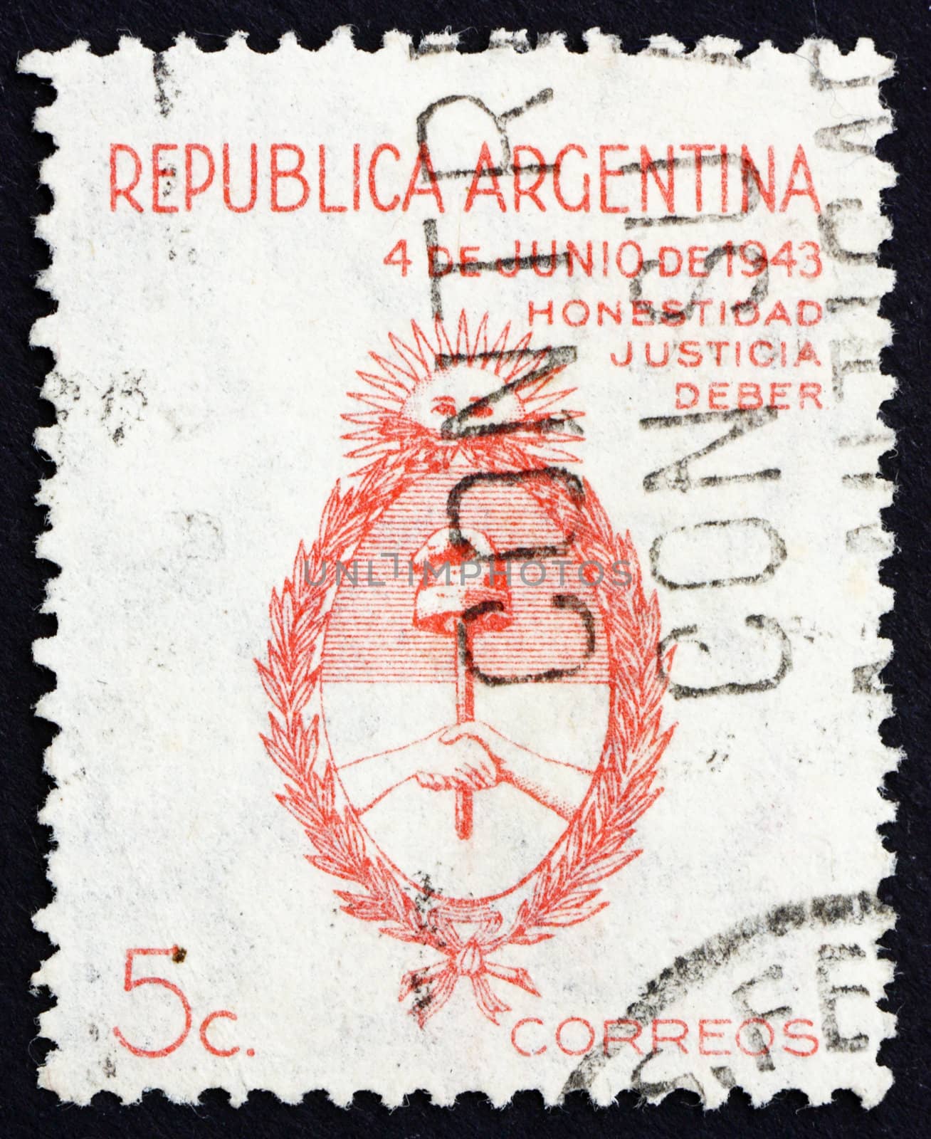 ARGENTINA - CIRCA 1943: a stamp printed in the Argentina shows Coat of Arms of Argentina Inscribed, Honesty, Justice, Duty, circa 1943