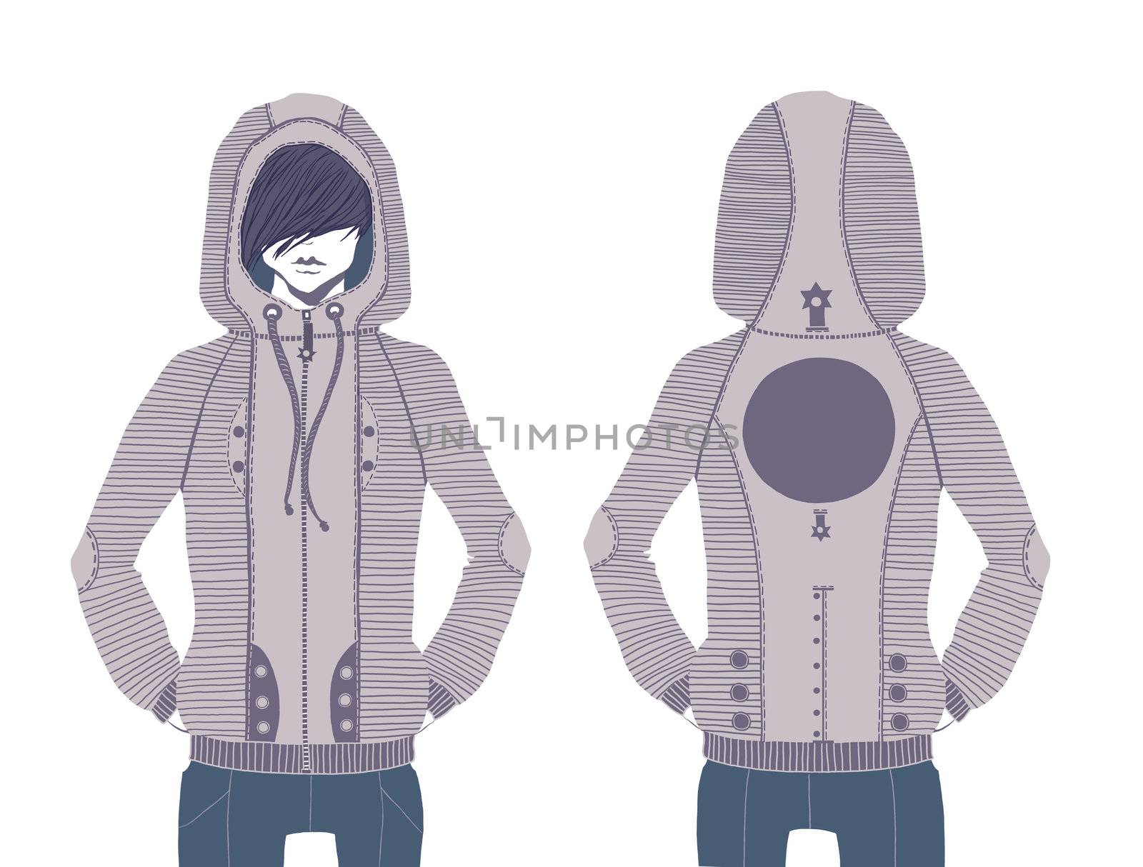 The young modern guy dressed a fashionable youth gray jacket, and threw with a hood a head. This image is a raster illustration.