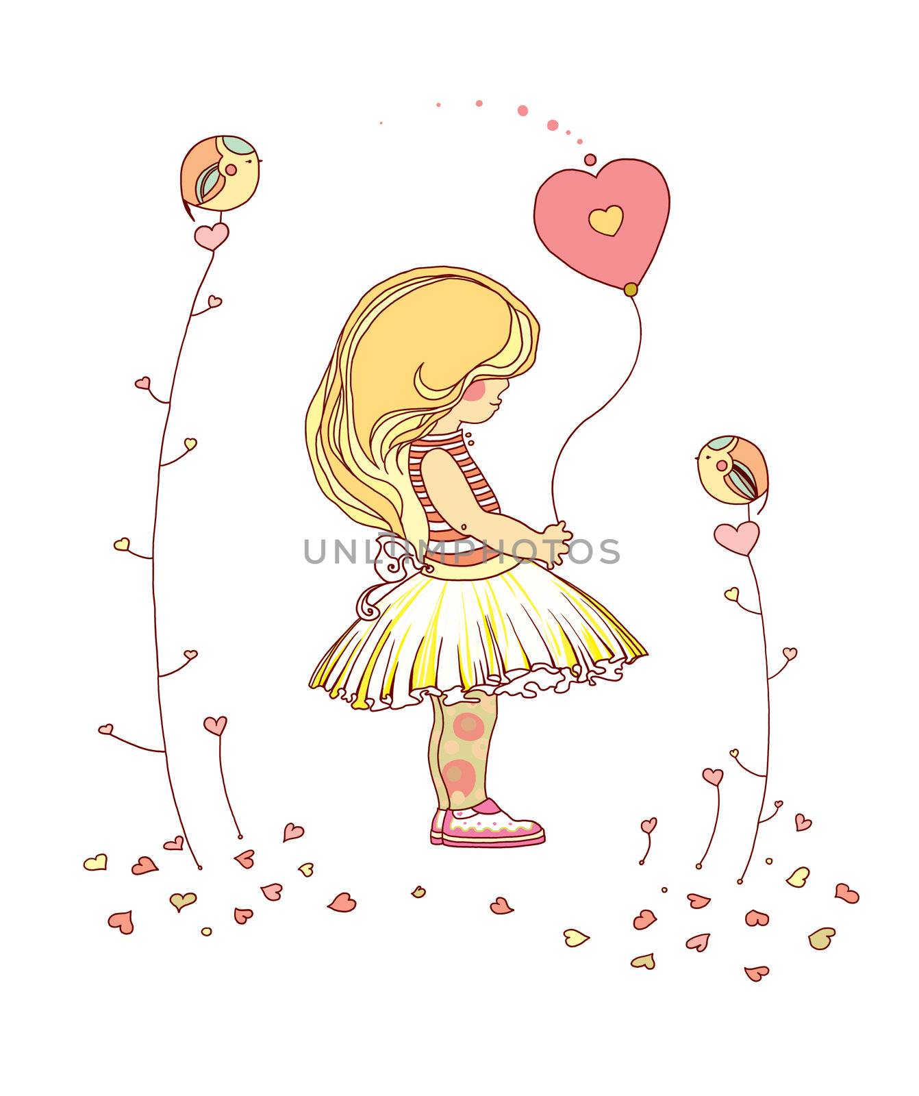 The little girl with a balloon. Raster illustration.