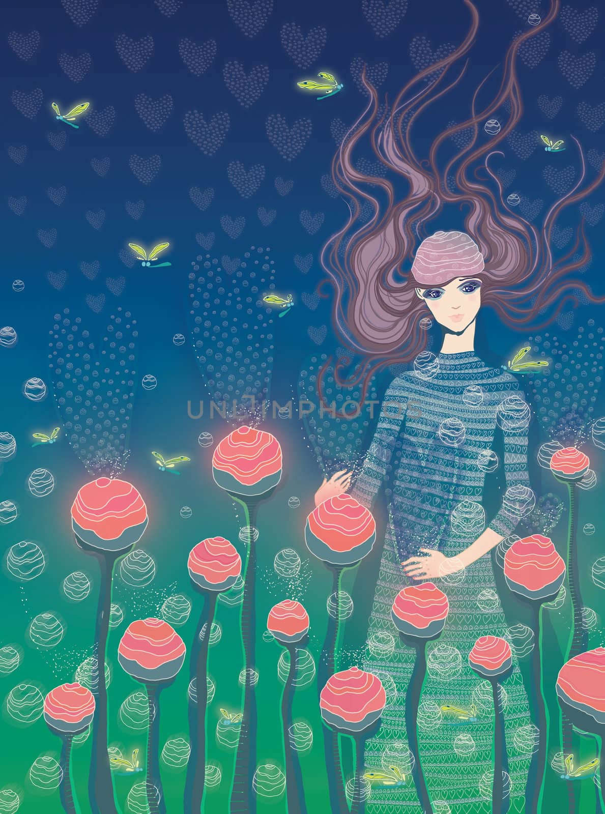 The beautiful girl carefully looks after gentle buds of colors. raster illustration.