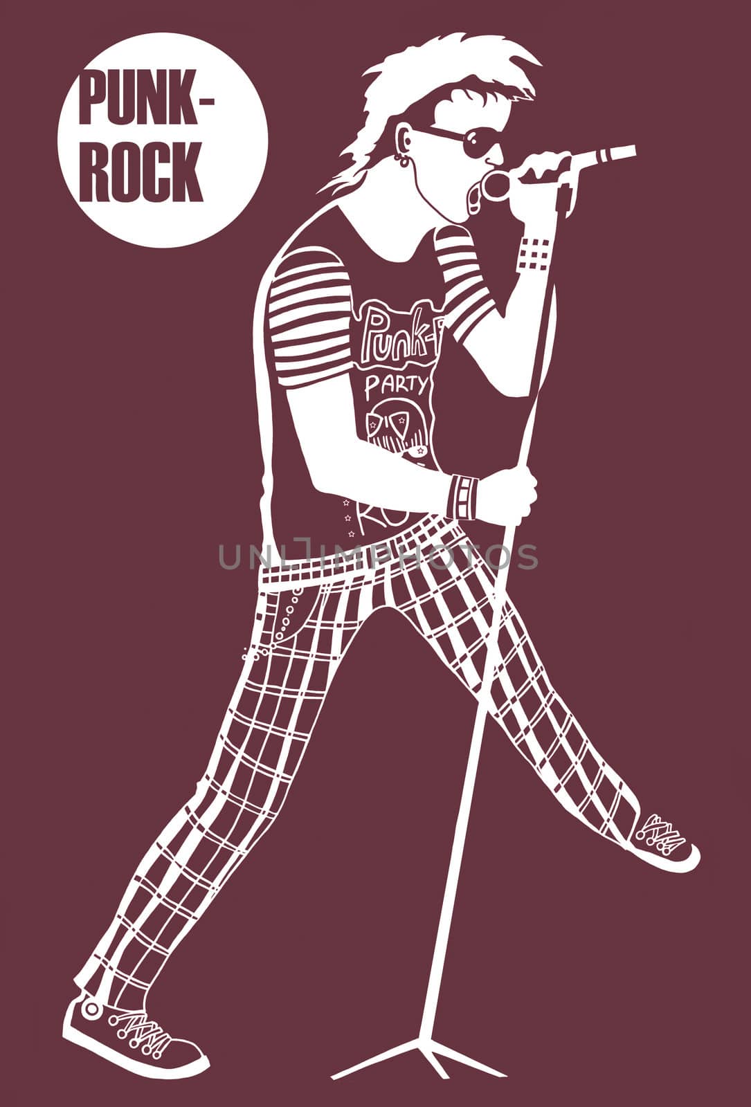 The rock musician, sings in a microphone at a concert. Raster illustration.