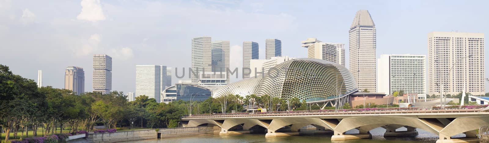 Singapore City Skyline Along River by Marina Esplanade Bridge Panorama
