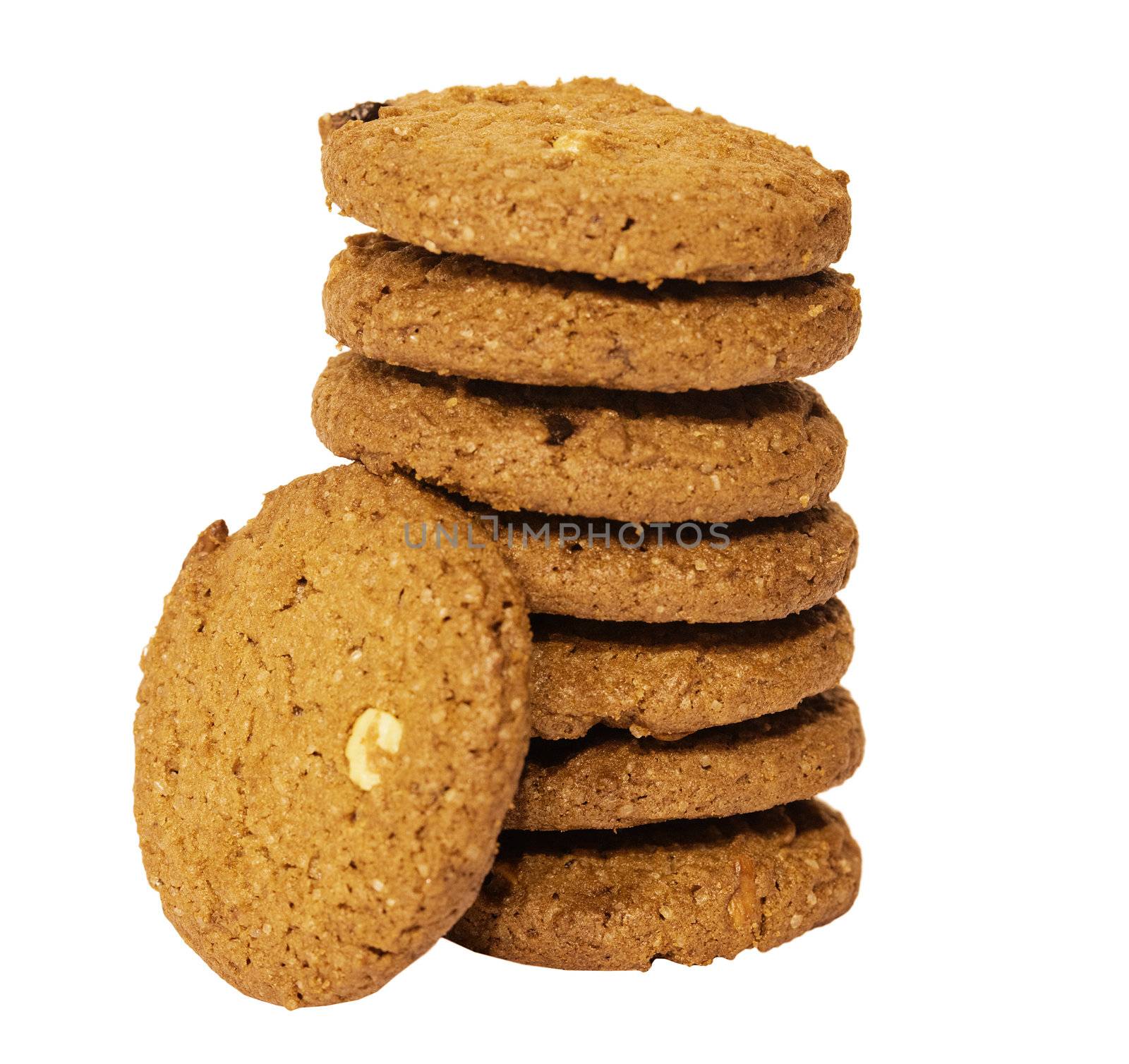 Cookies with nuts and chocolate isolated on white background