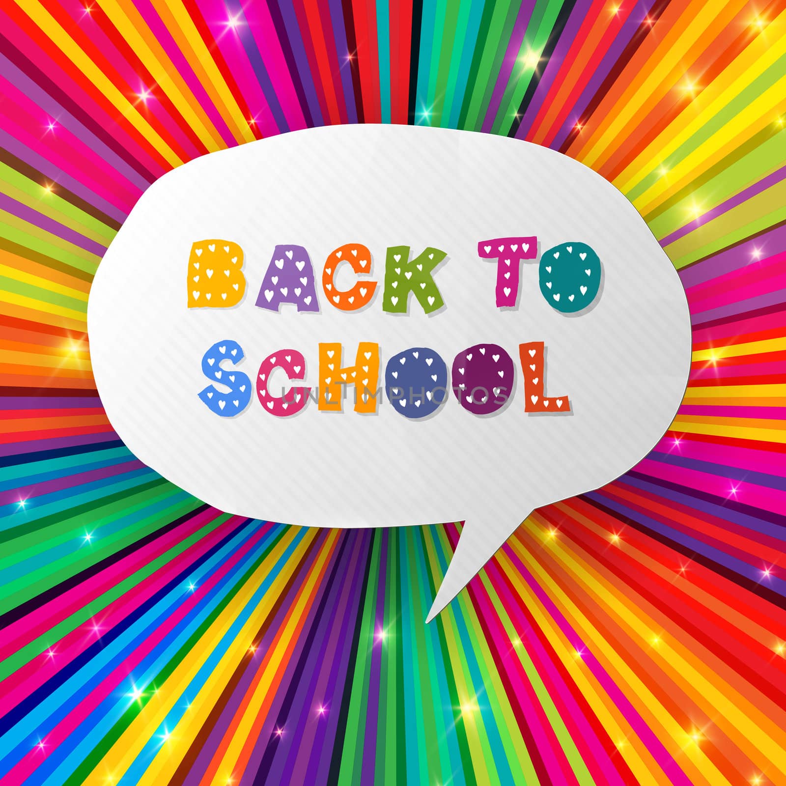 Back to school words in speech bubble on colorful rays. Vector i by pashabo