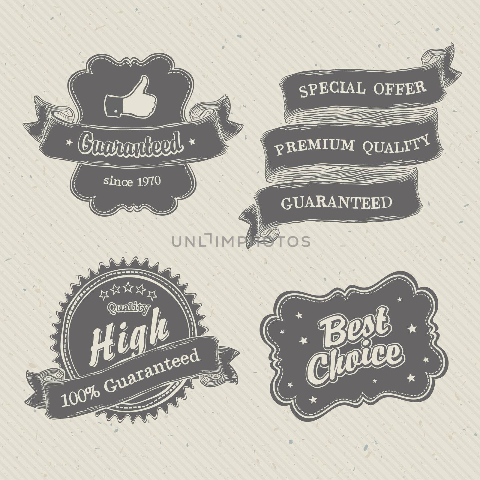 Vintage hand-drawn labels collection on textured paper. Vector illustration, EPS10