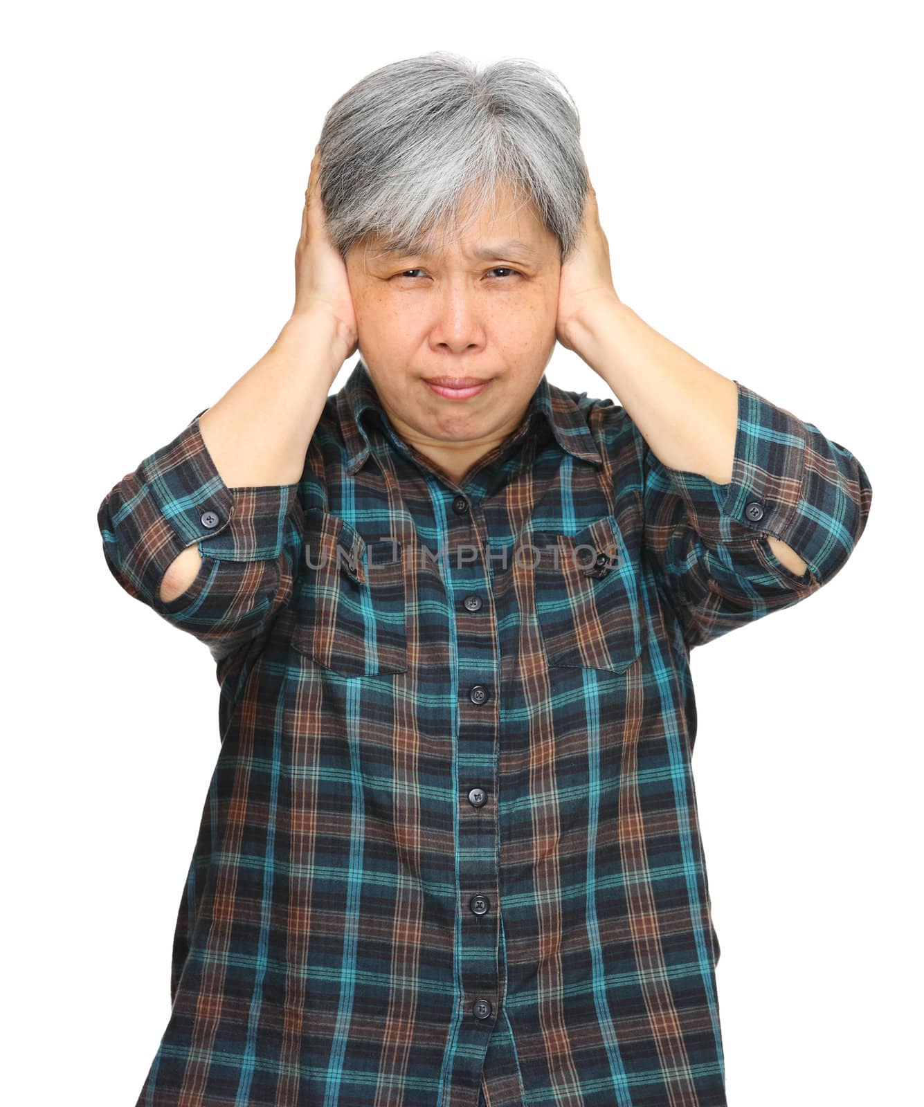 asian mature woman closing ears with hands