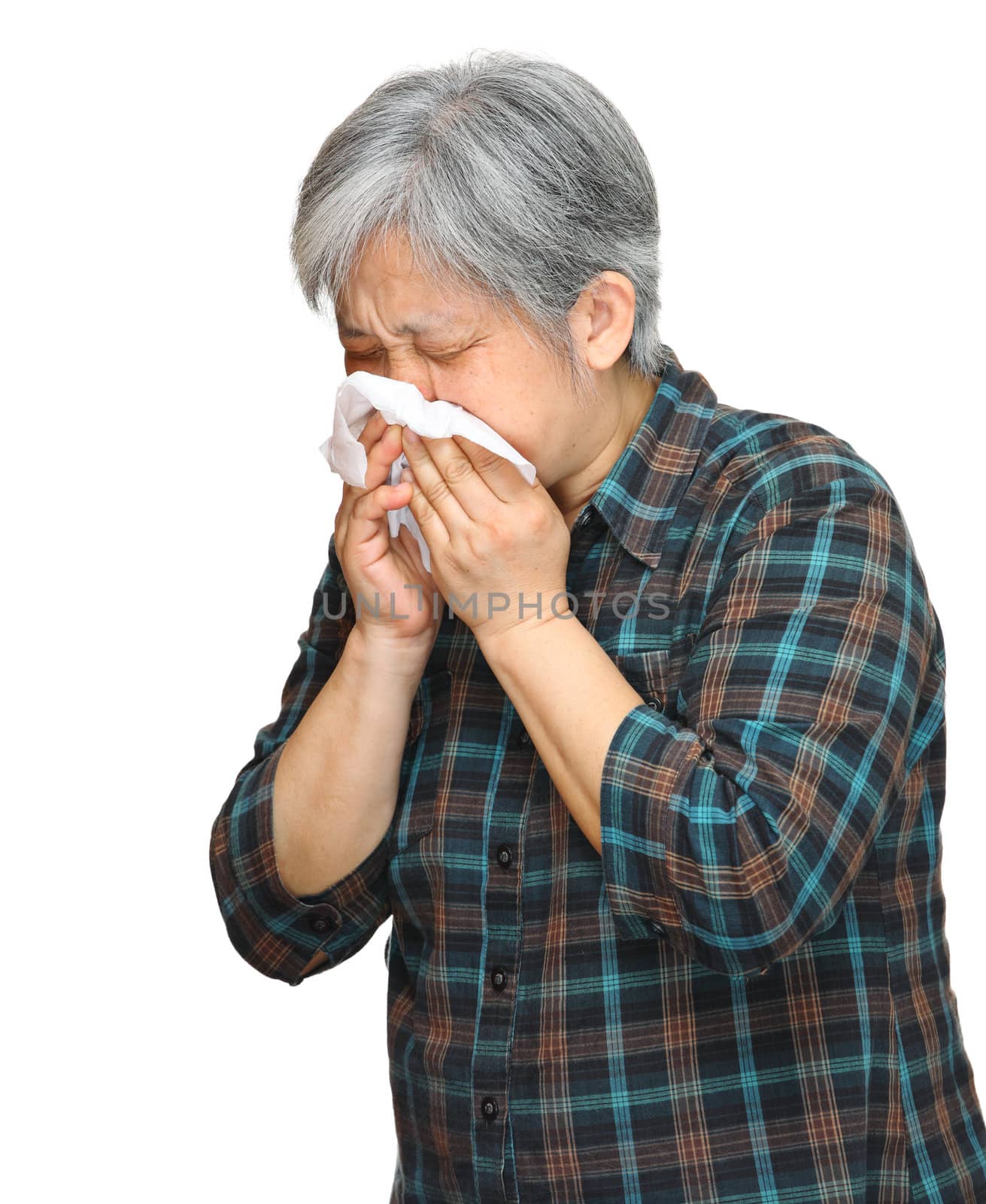sneezing mature asian woman