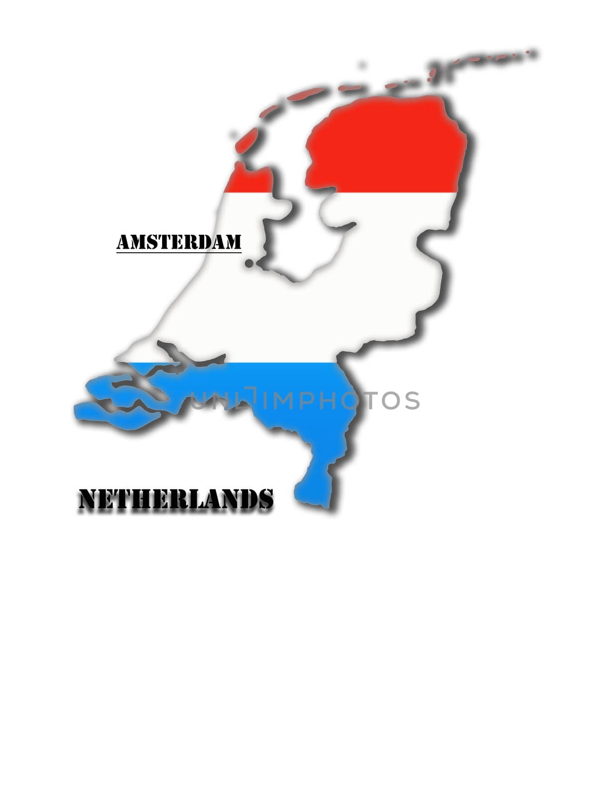 Coloured silhouette of a map of Holland with capital