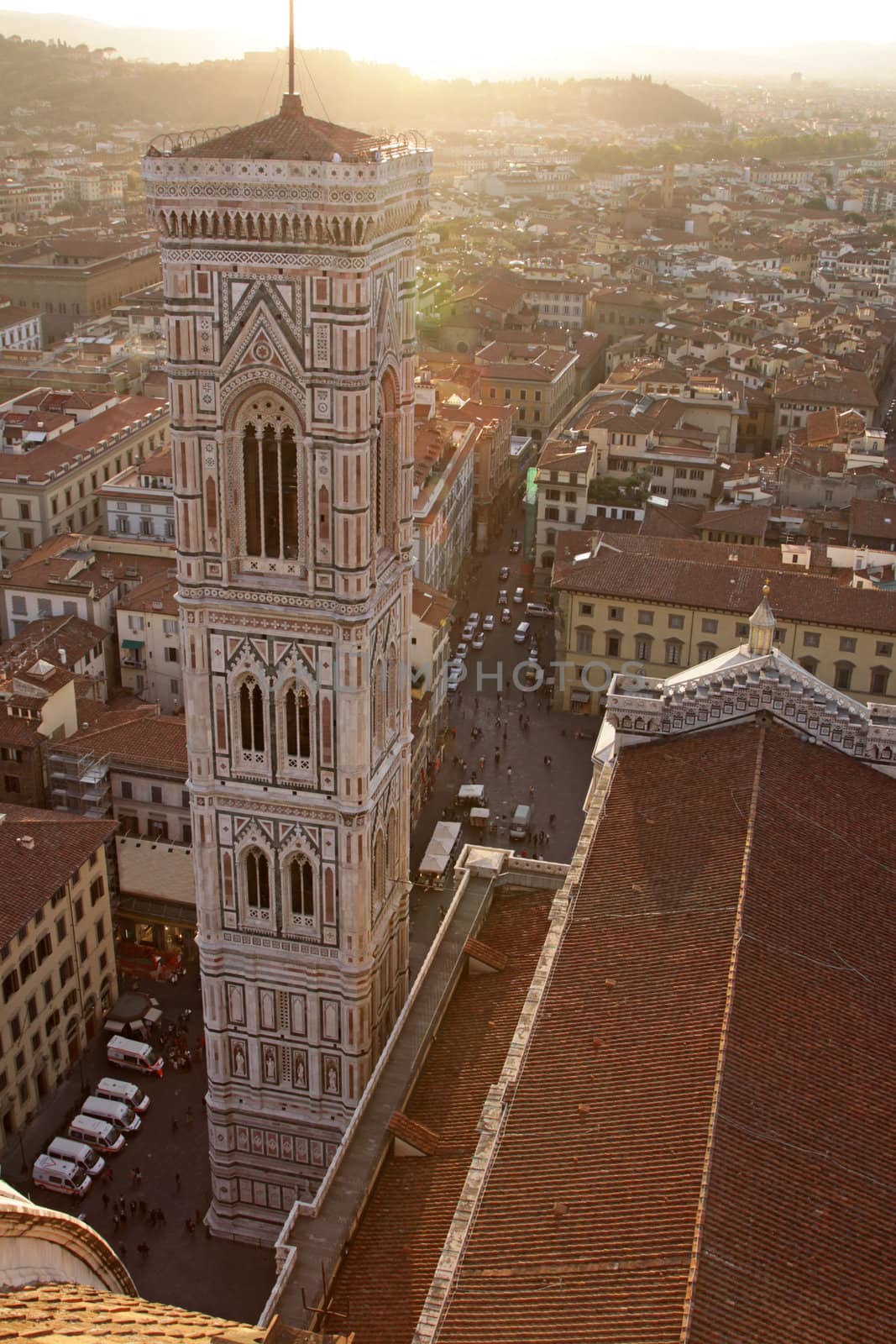 Giotto's Bell Tower shot from the top of Duomo at dusk.  The tower is located in Florence, Tuscany, in Italy.

