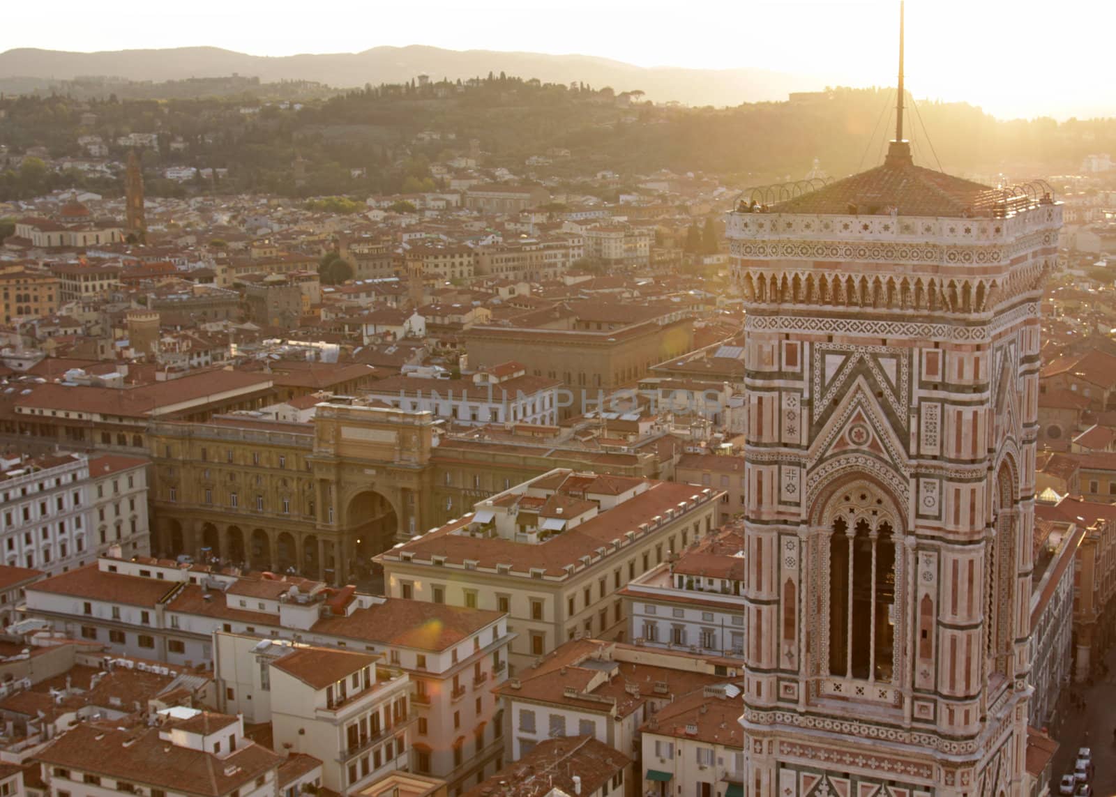 Giotto's Bell Tower shot from the top of Duomo at dusk.  The tower is located in Florence, Tuscany, in Italy.
