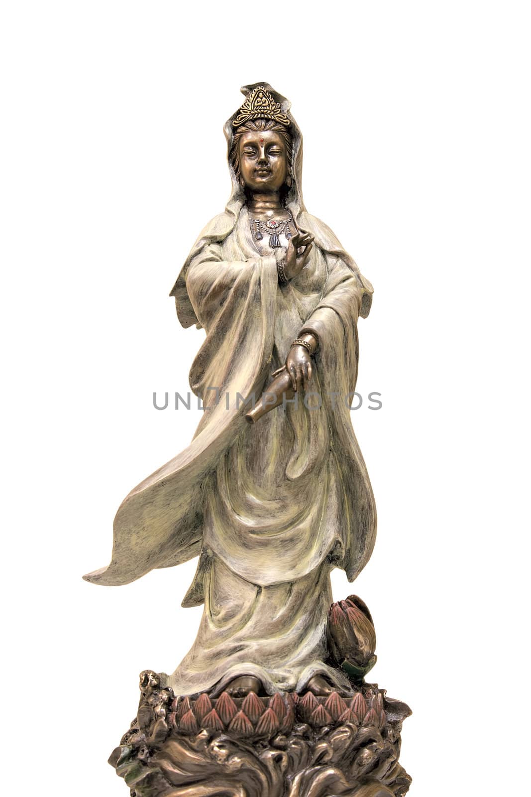 Kuan Yin Goddess of Compassion Bronze Statue Standing on Lotus Flower Isolated on White Background