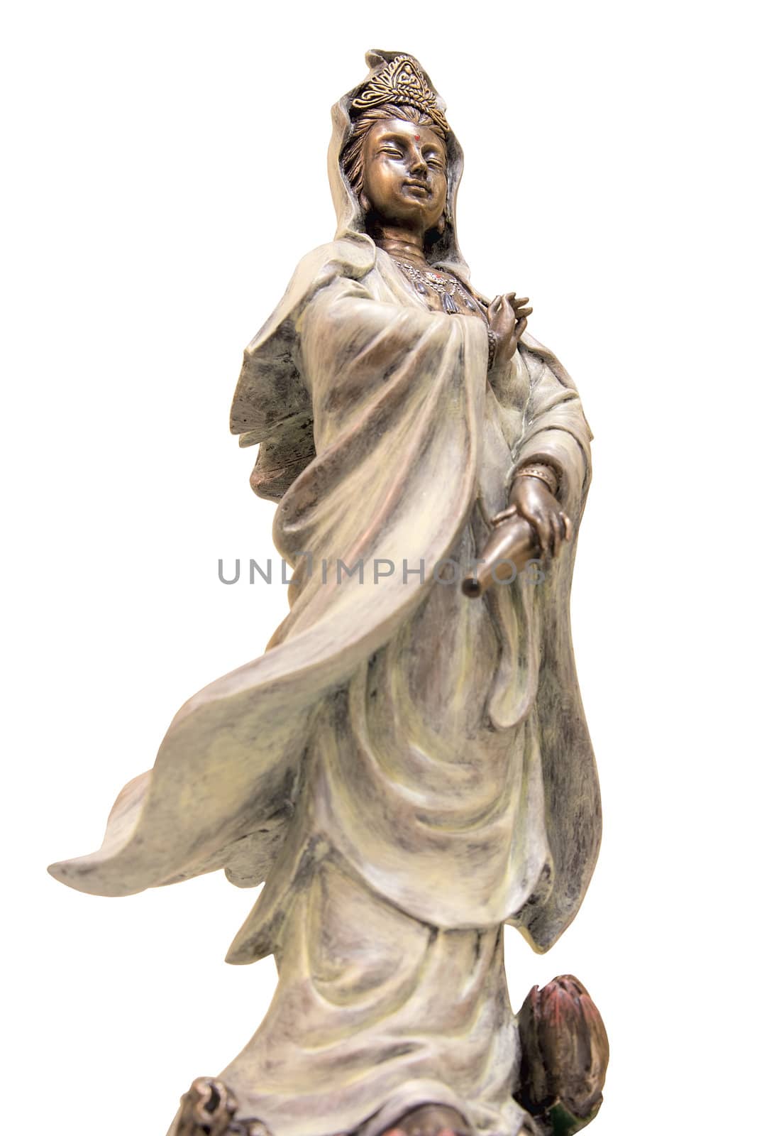 Kuan Yin Goddess of Compassion Bronze Statue Isolated on White Background