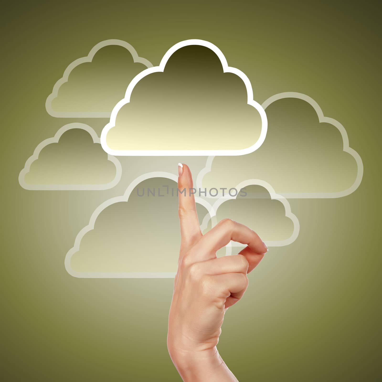 Hand with cloud computing symbol against colour background