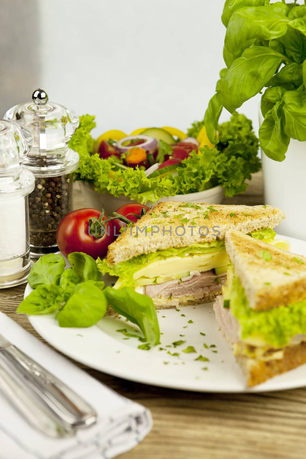 fresh tasty club sandwich with cheese and ham on wooden table