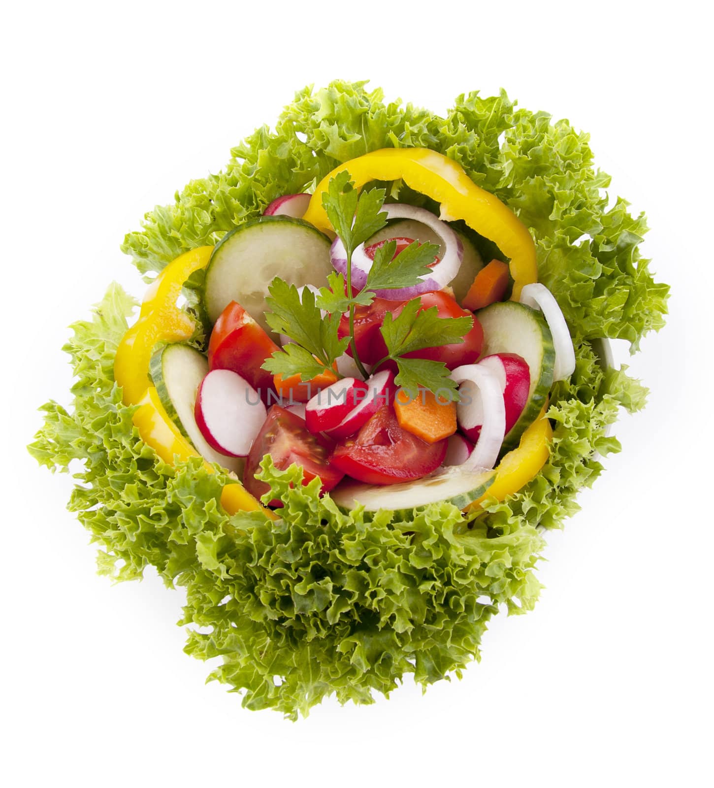 fresh tasty healthy salad with different vegetables isolated on white background