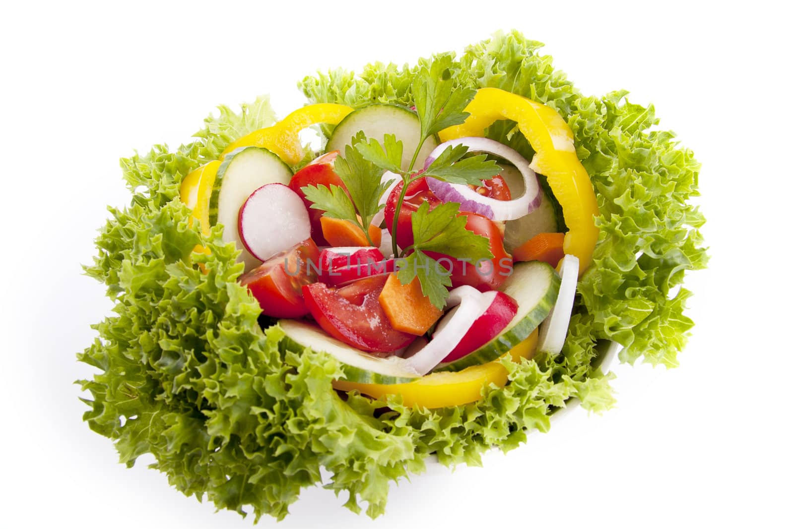 fresh tasty healthy salad with different vegetables isolated on white background