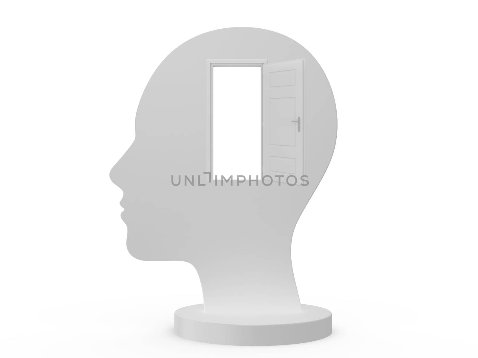 Concept of the head and white opened door to mind on isolated white background.