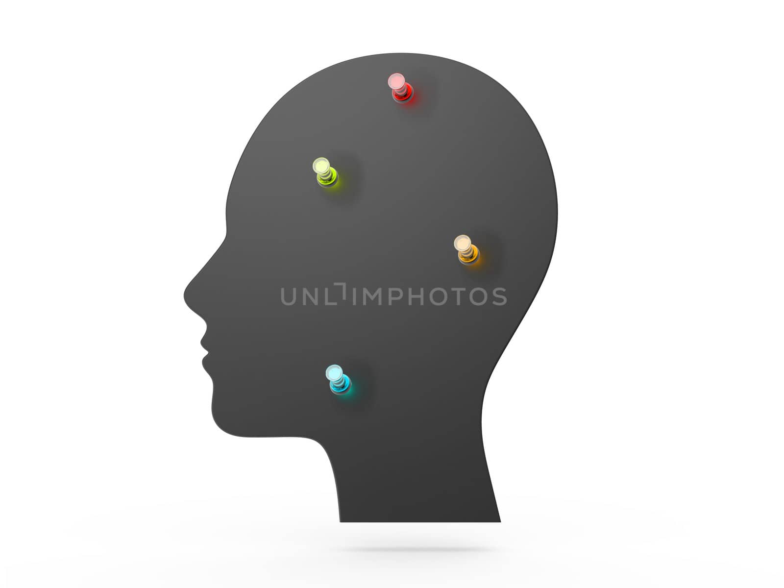 Colorful pins on head, isolated on white.