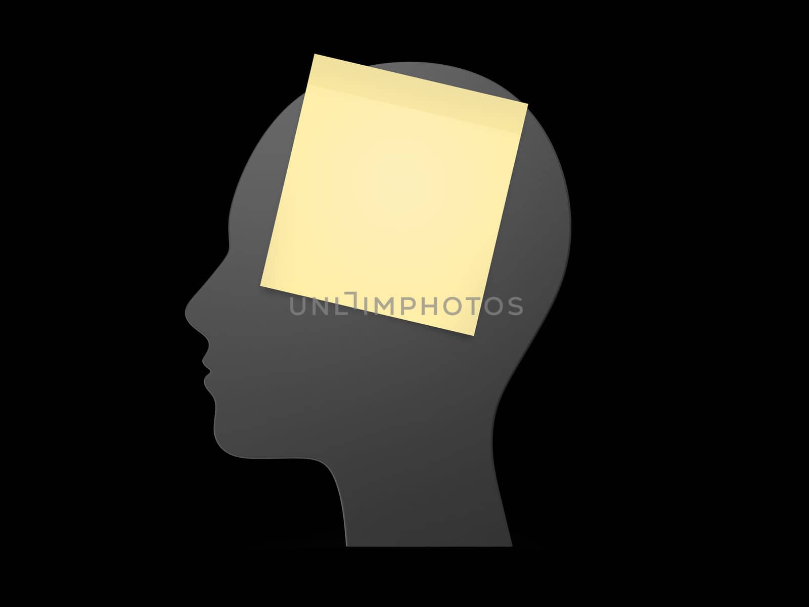 Yellow sticky note on head, dark background.