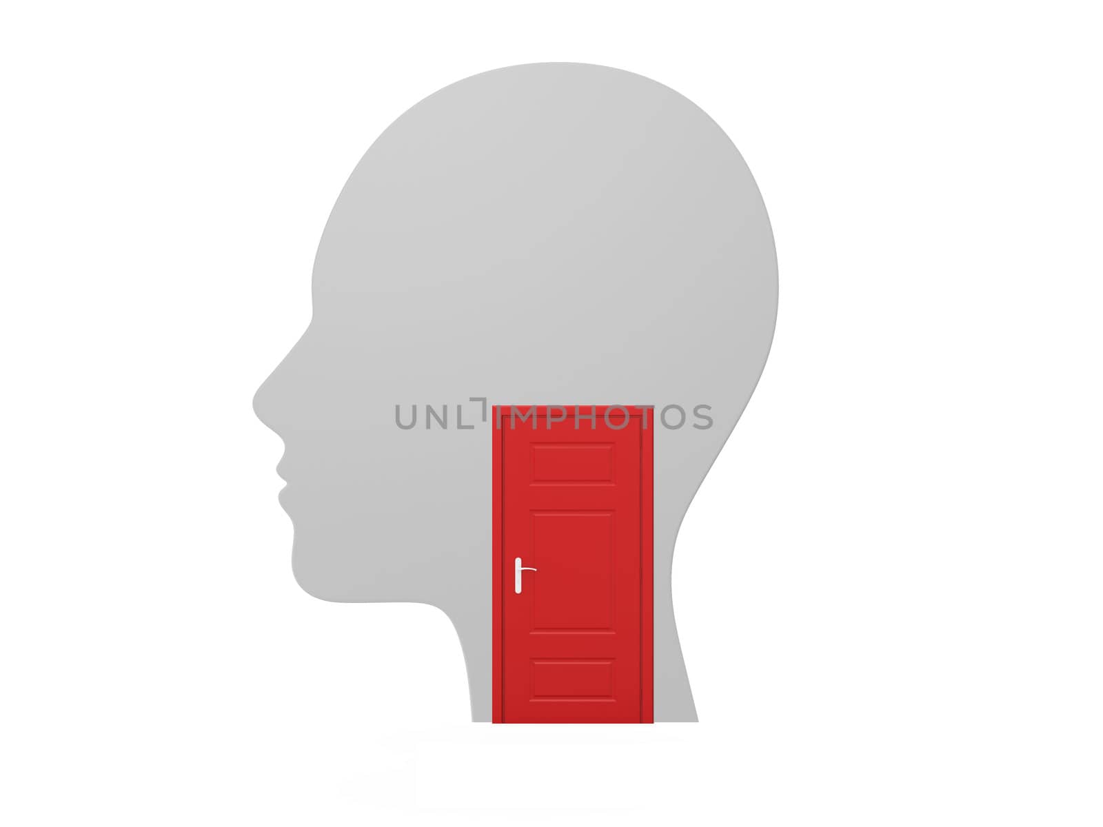 Concept of the head and red closed door on isolated white background.