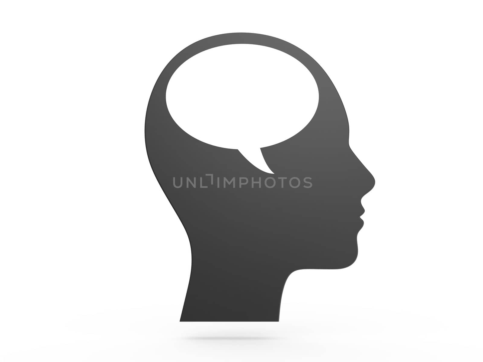 Man talking by himself, white speech bubble, on white background.