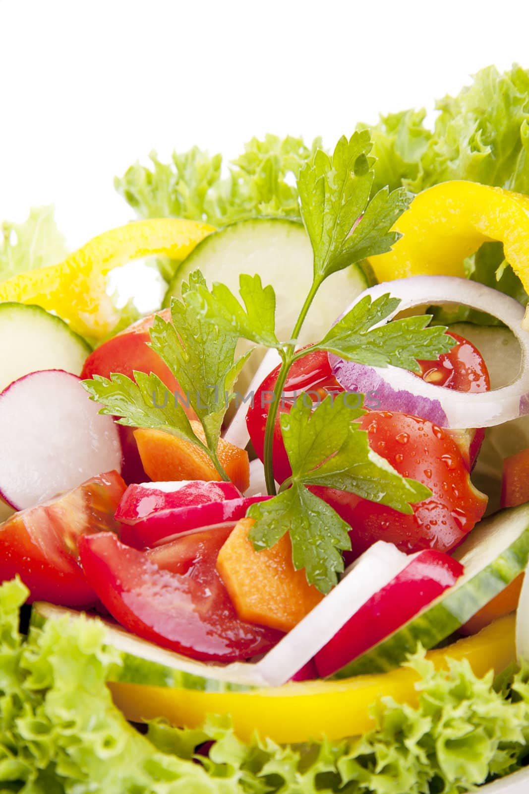 fresh tasty healthy salad with different vegetables isolated on white background