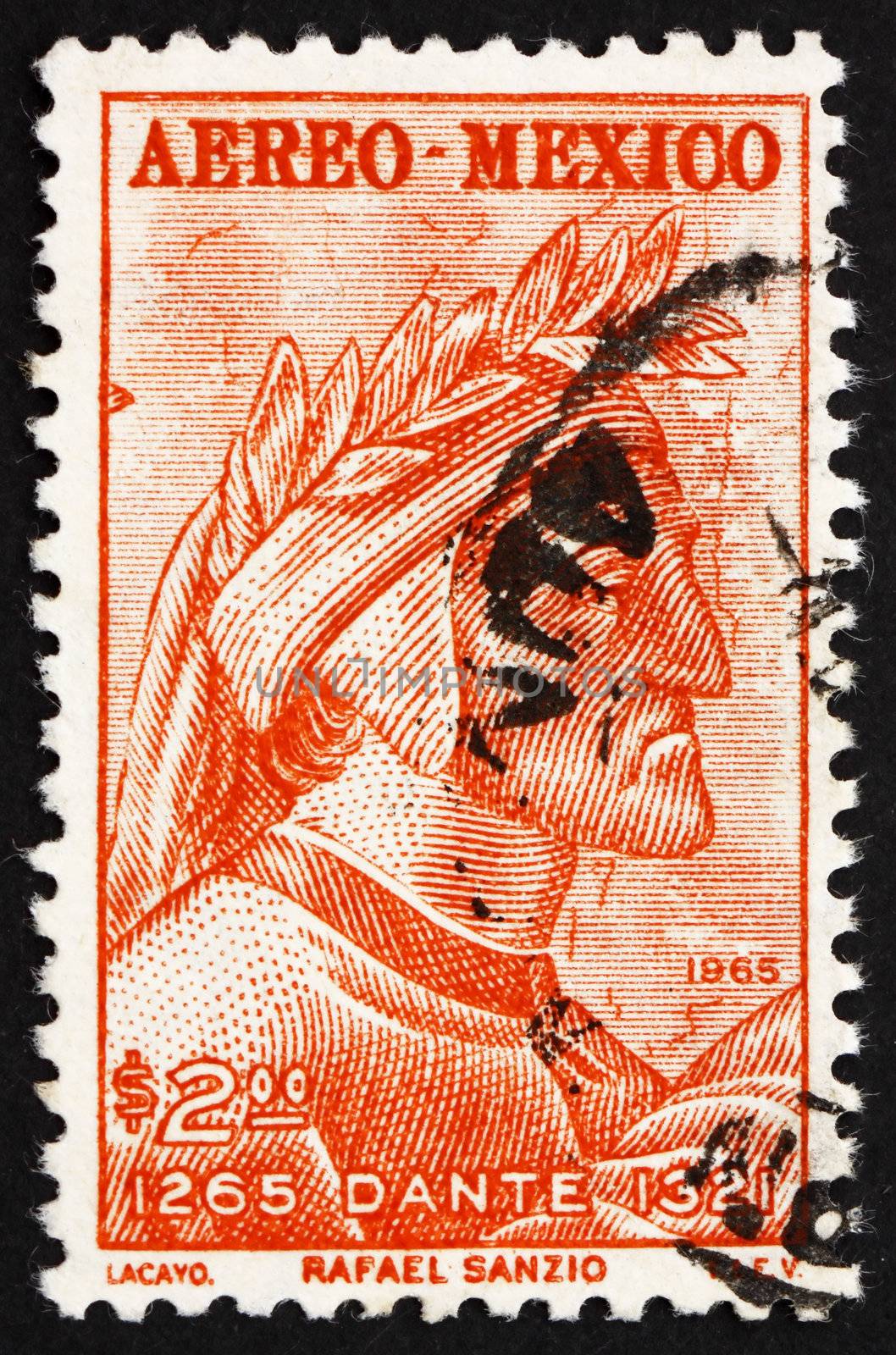 MEXICO - CIRCA 1965: a stamp printed in the Mexico shows Dante by Raphael, Fresco, 700th Anniversary of the Birth of Dante Alighieri, circa 1965