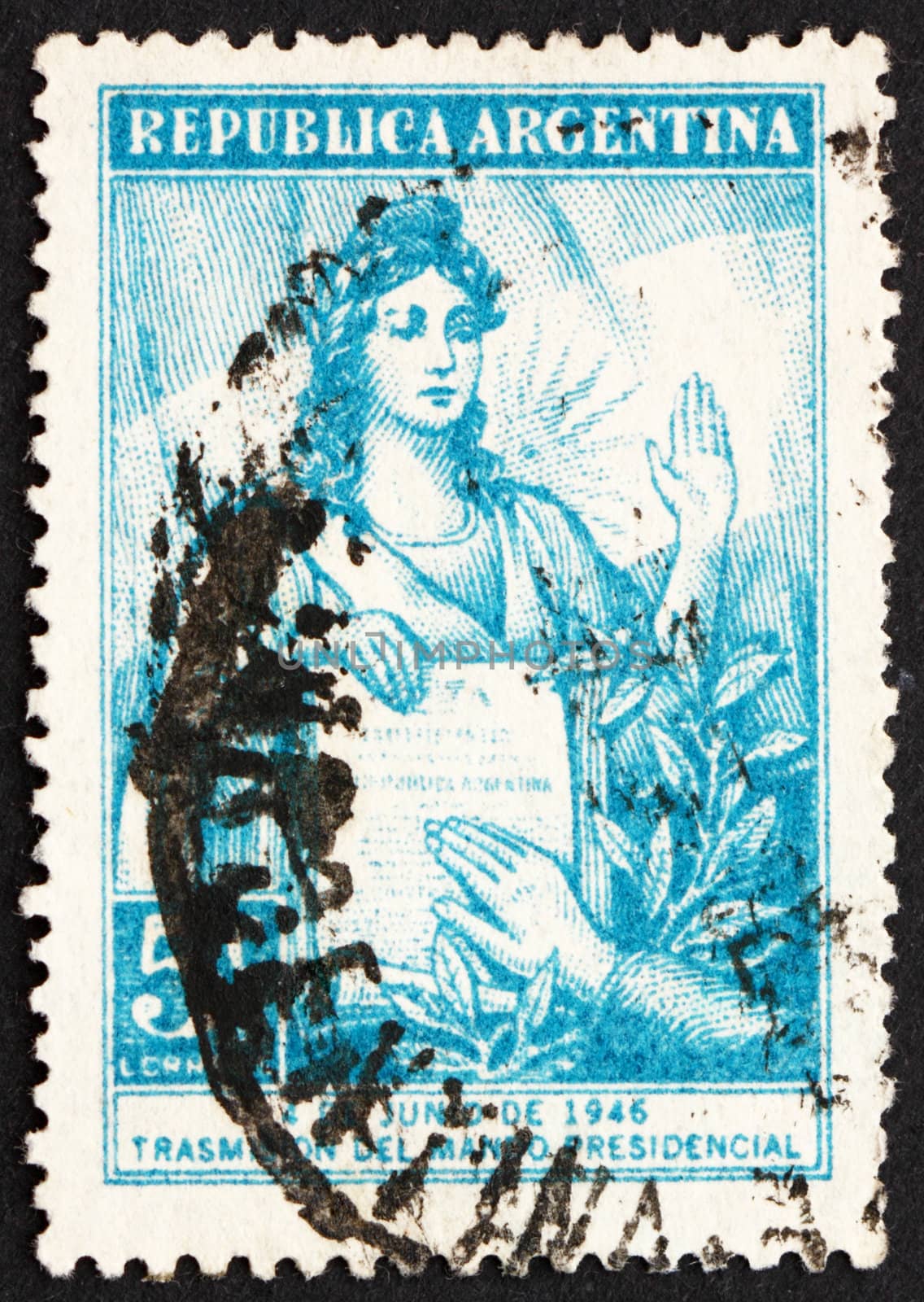 ARGENTINA - CIRCA 1946: a stamp printed in the Argentina shows Liberty Administering Presidential Oath, Inauguration of President Juan D. Peron, circa 1946