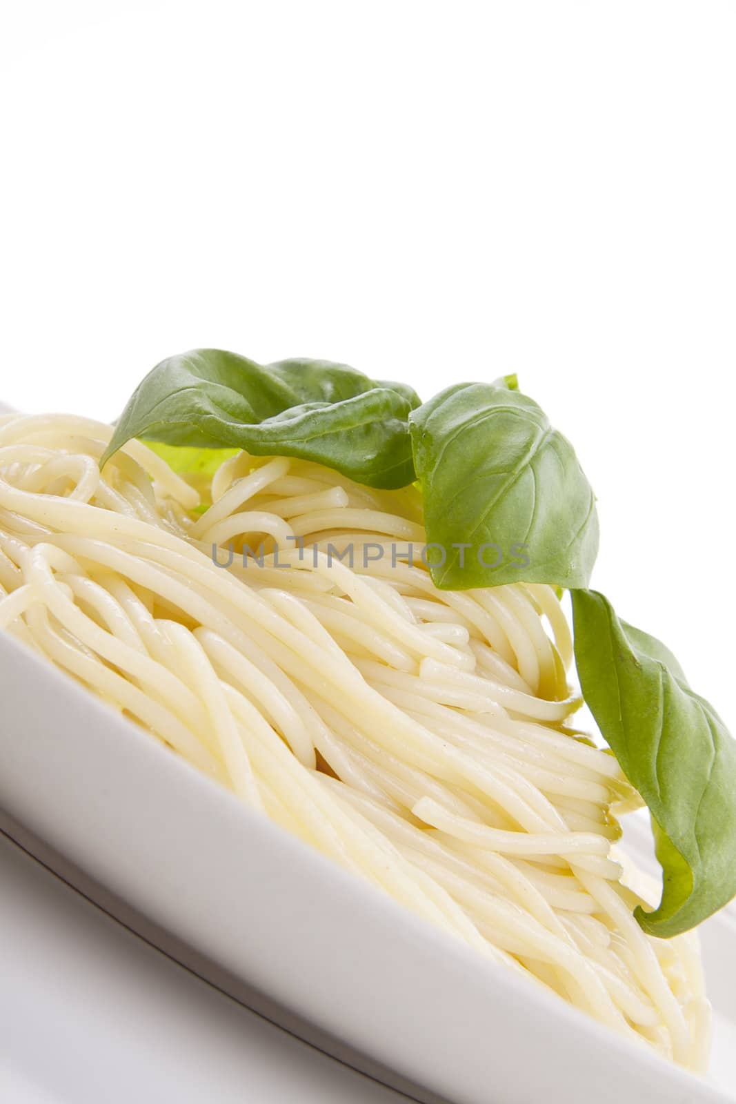 fresh delicious pasta with basil isolated on white background