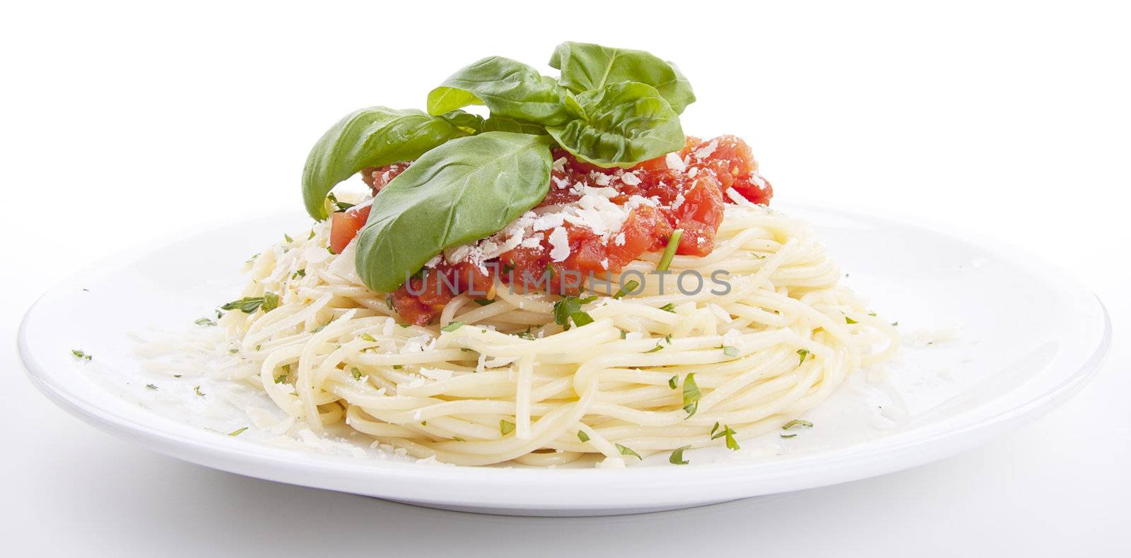 tatsty fresh spaghetti with tomato sauce and parmesan isolated on white background