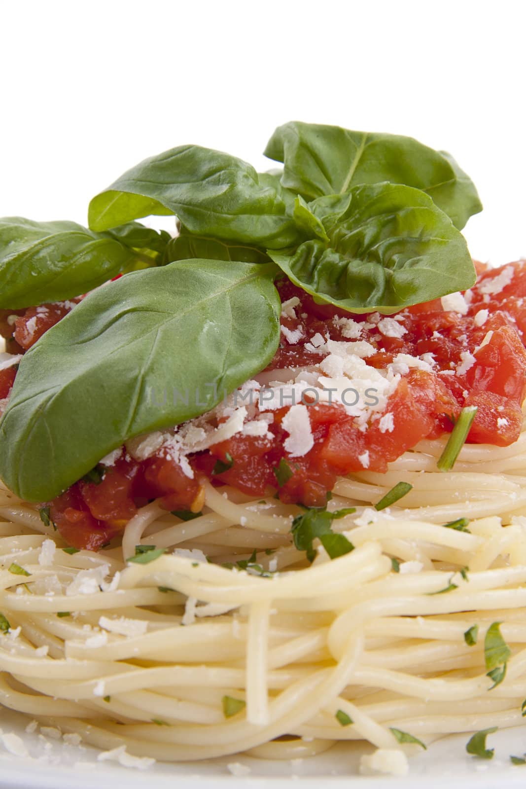 tatsty fresh spaghetti with tomato sauce and parmesan isolated on white background