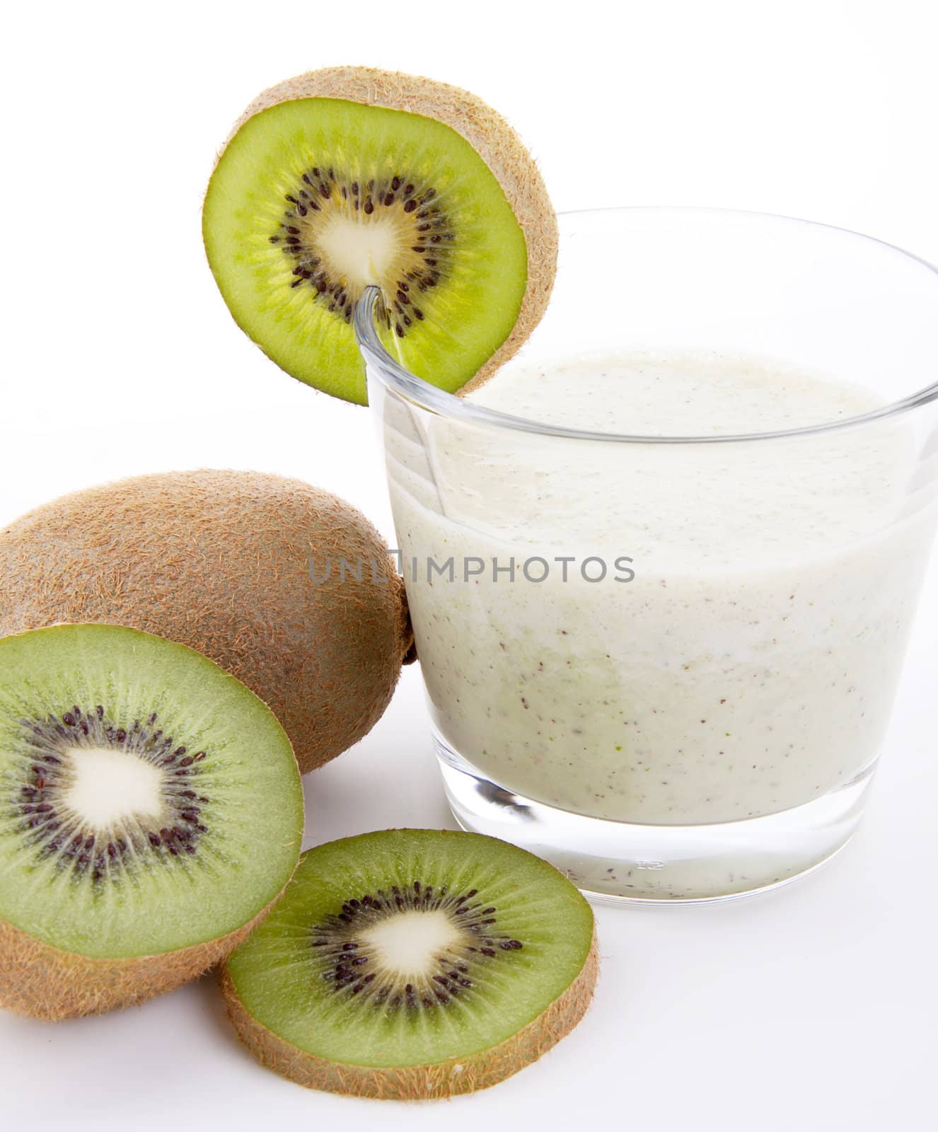 fresh delicious kiwi yoghurt shake cream isolated on white background