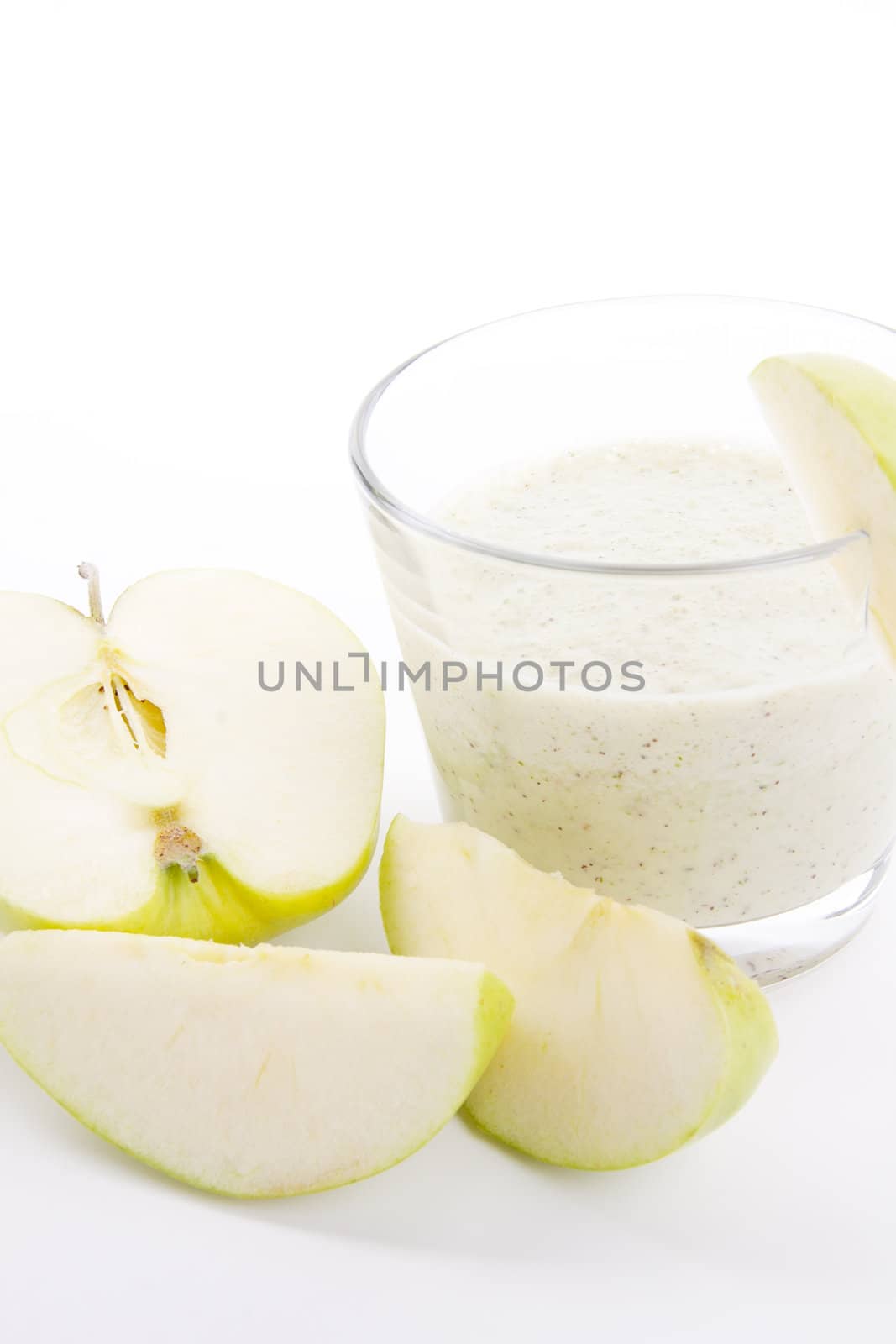 fresh green apple yoghurt shake isolated on white background