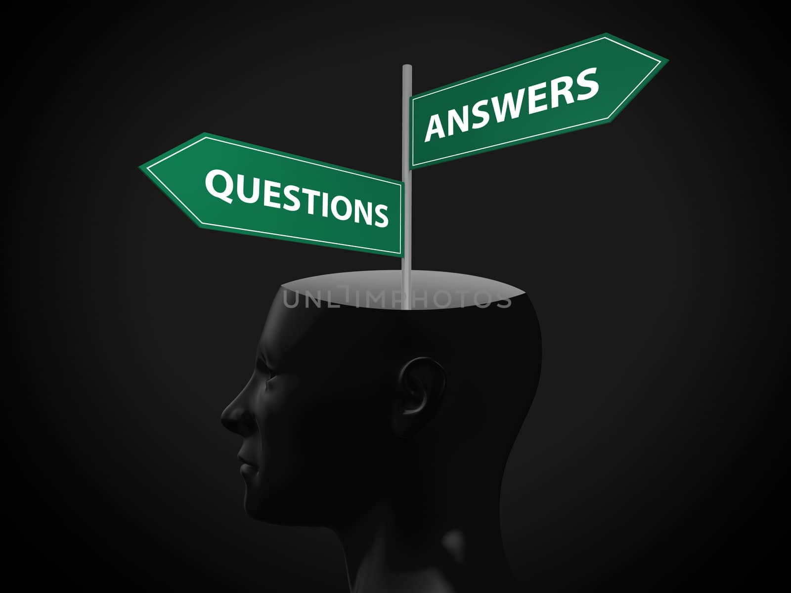 Questions and answers arrow signs in head on dark background.