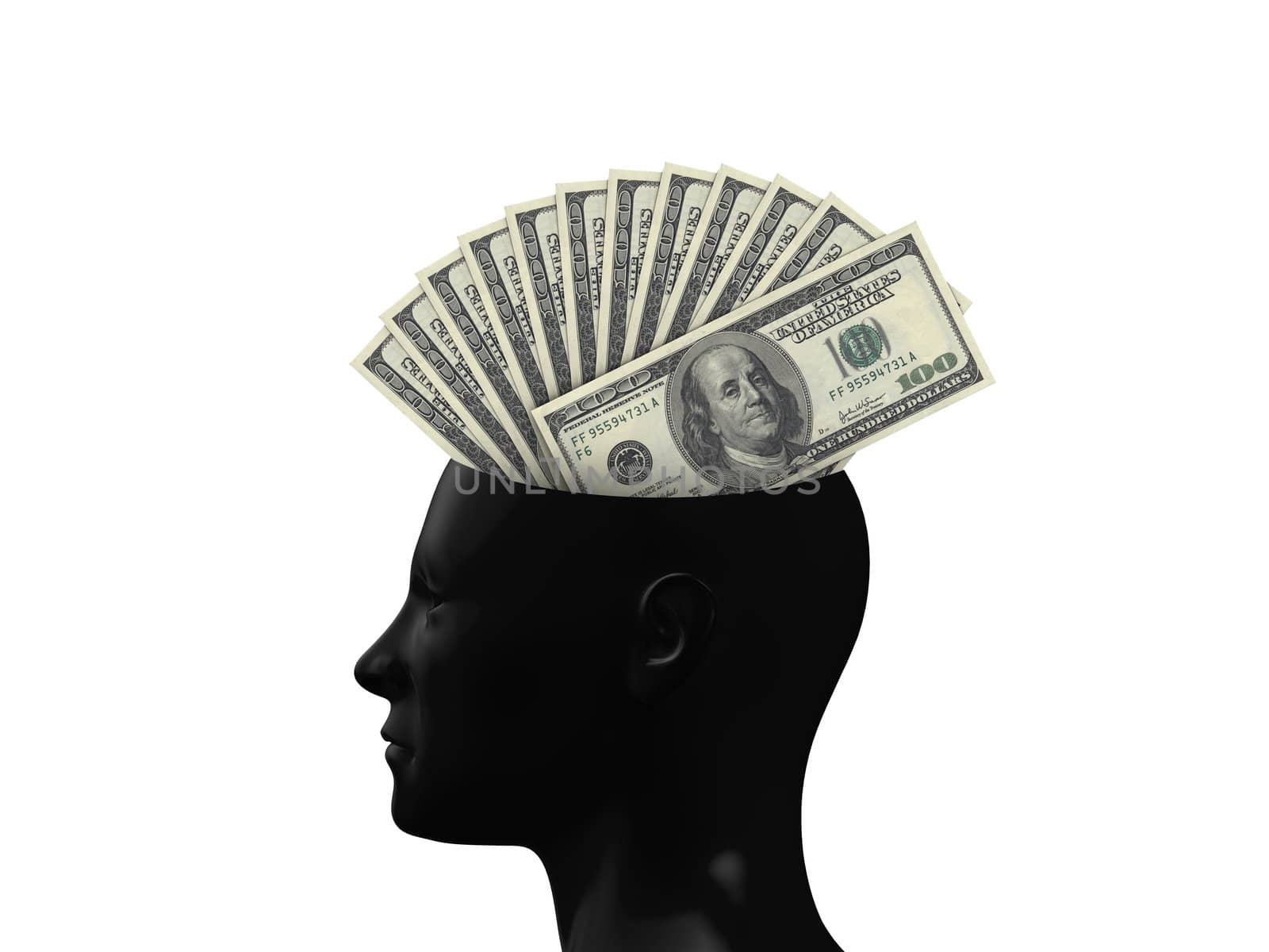 Money concept in human head on white background.