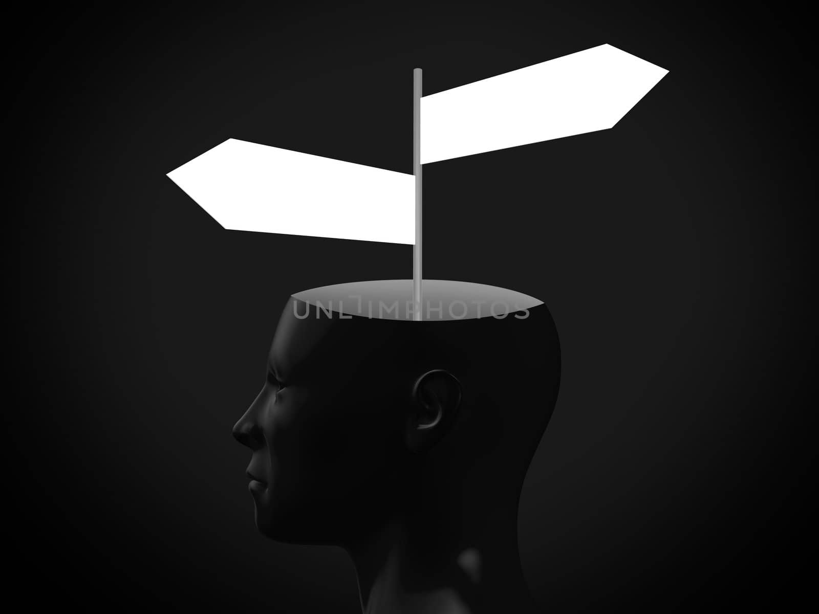 Blank crossword arrow signs in head on dark background.