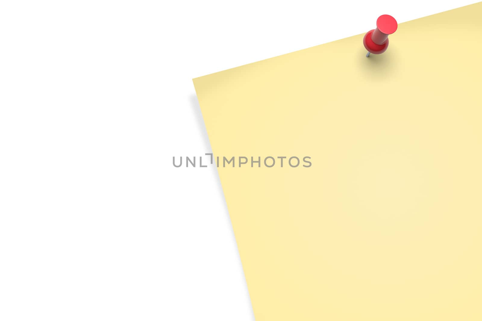 Close up yellow and realistic sticky note with shadow and pin on white background.