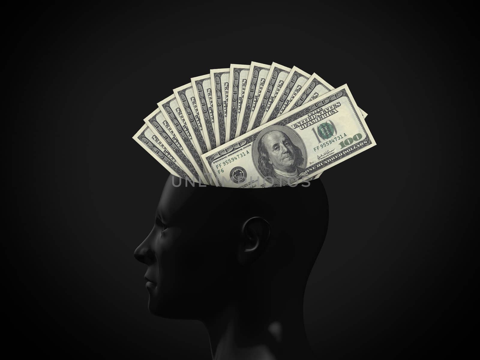 Money concept in human head on dark background.