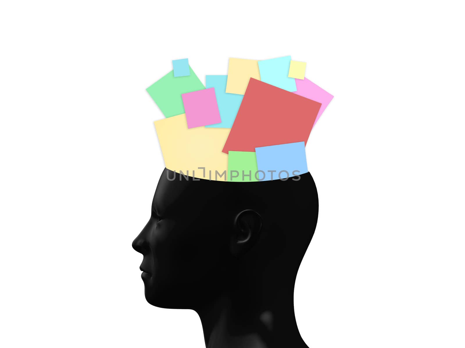 Head full of sticky notes to remember on isolated white background.