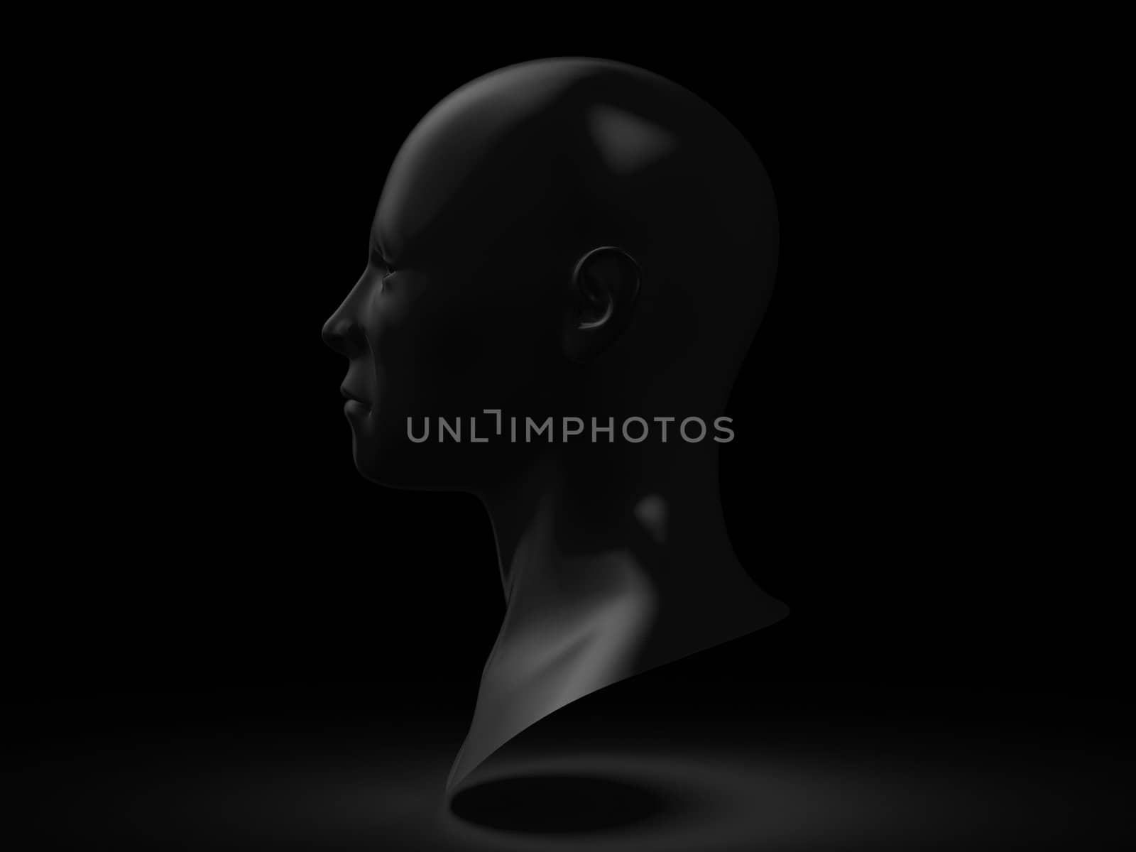 Dark head sculpture on profile on dark background.