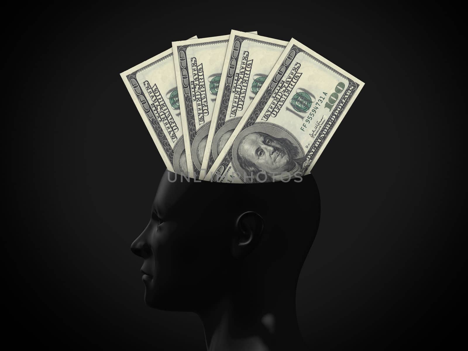 Money concept in human head on dark background.