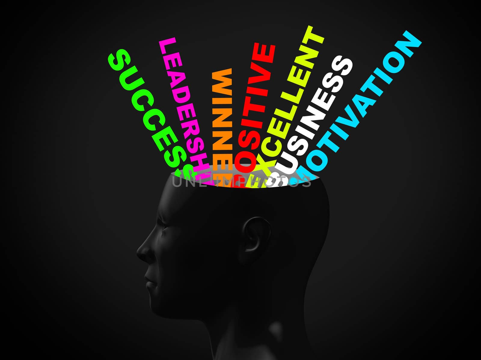 Head is thinking about success, motivation and business on dark background.
