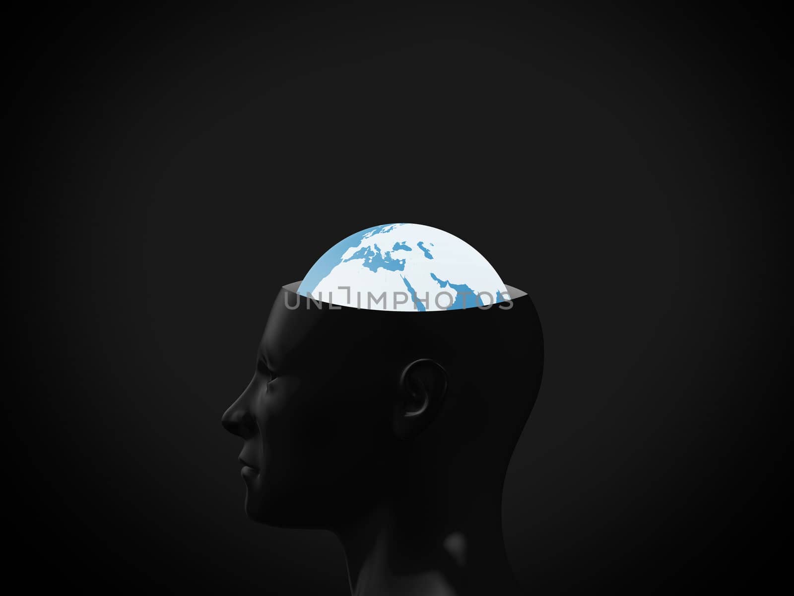 Global thinking concept. Head on dark background.