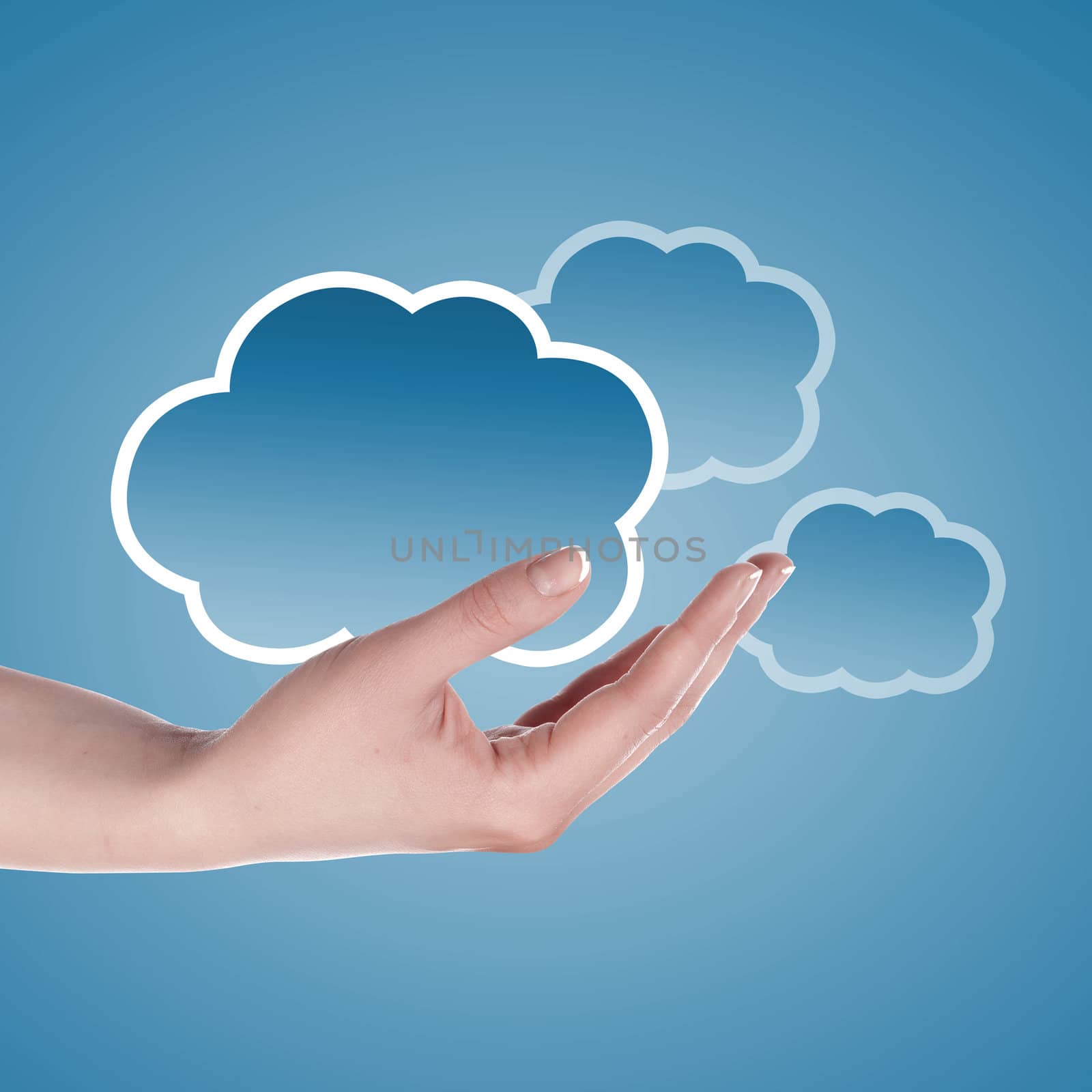 Hand with cloud computing symbol against colour background